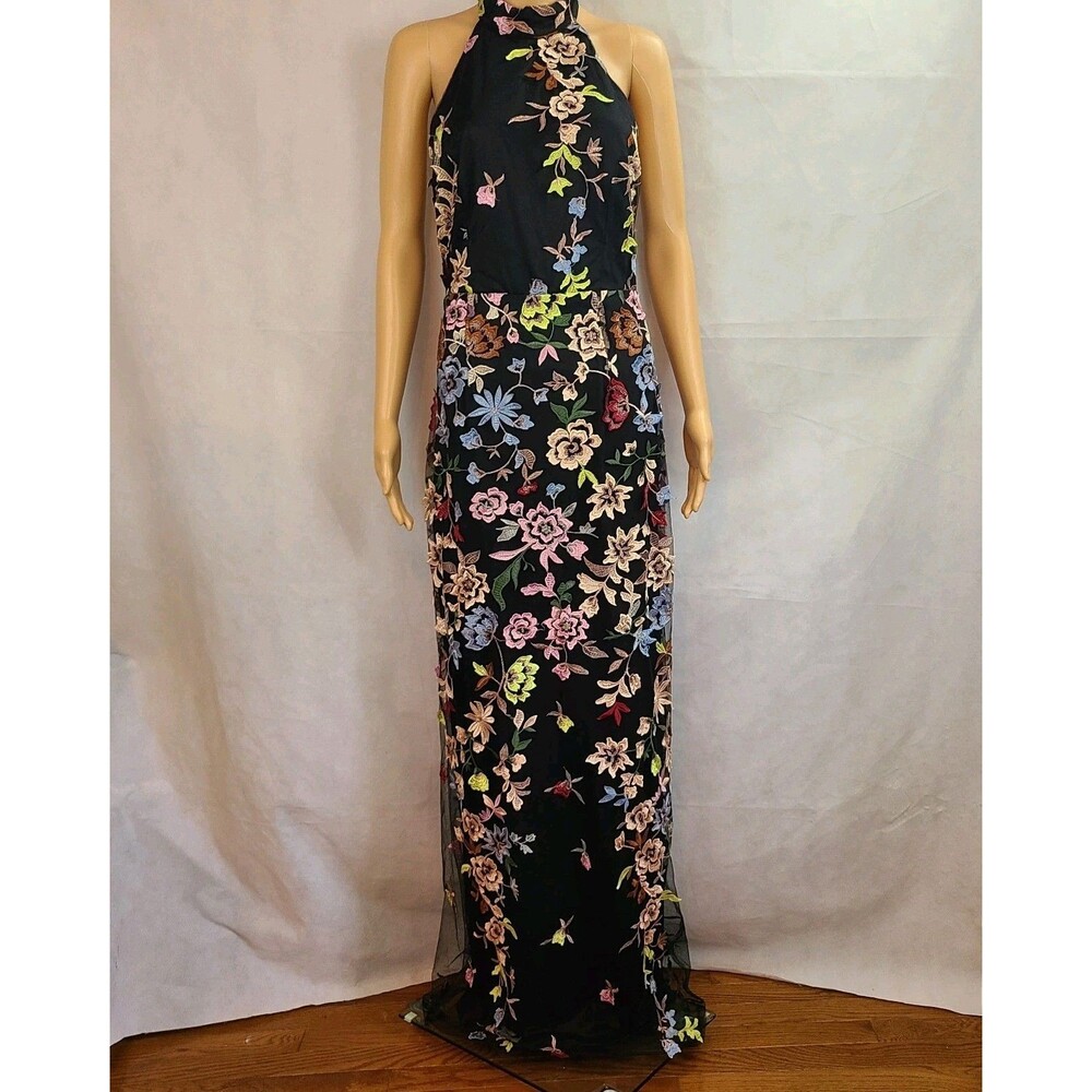 Lulus Infinite Praise Black 3D Floral Embroidered Halter Maxi Dress size L